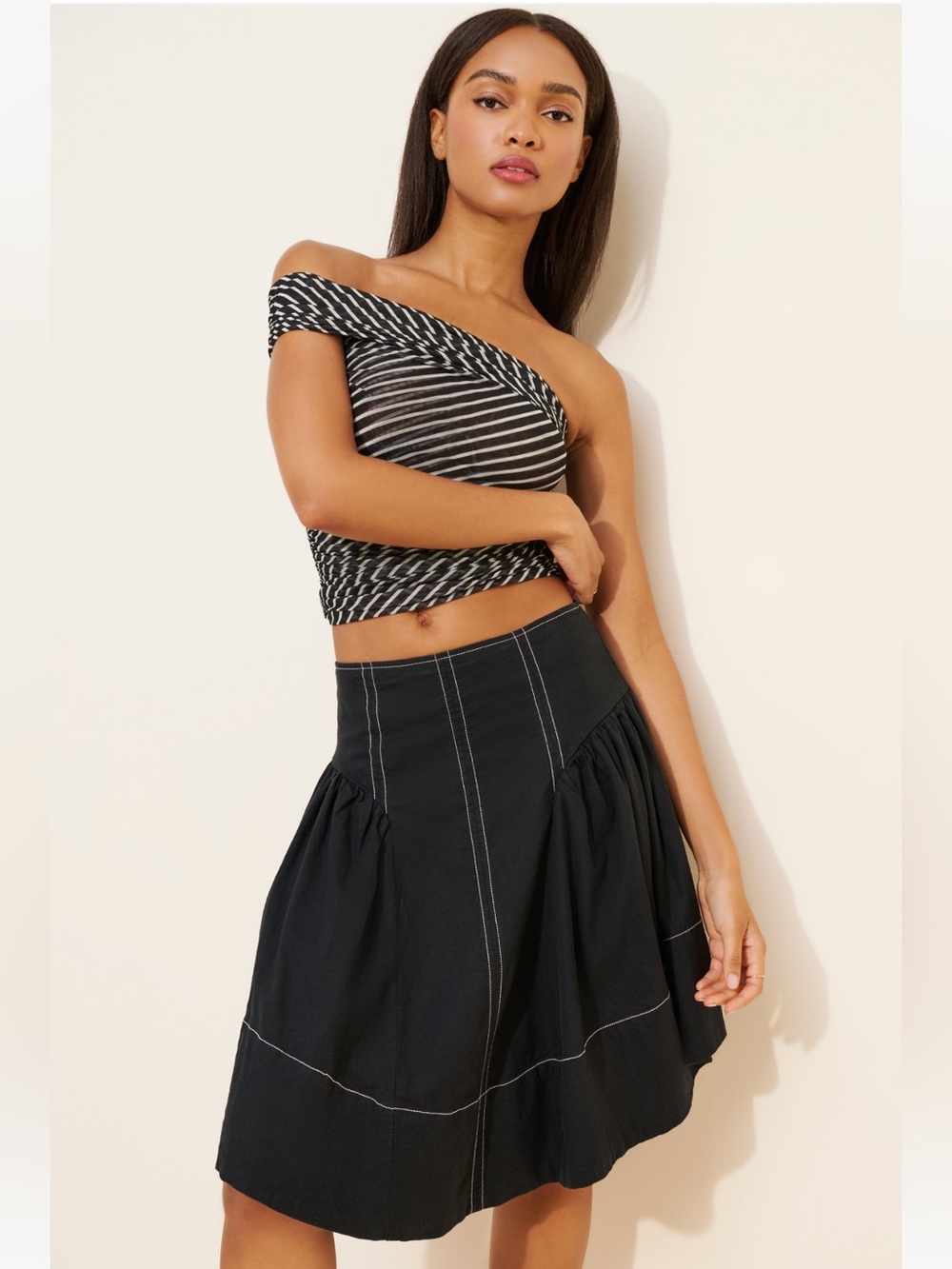 Anthropologie Linen blend Black Skirt with Contrast Stitching NWT M